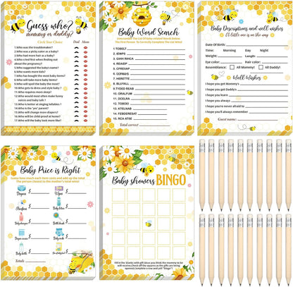 Yinder 145 Pcs Baby Shower Games Activities Cards with 20 Pencils Includes Baby Bingo Description and Wishes Guess Who Price is Right Word Scramble Game(Here Comes the Son)