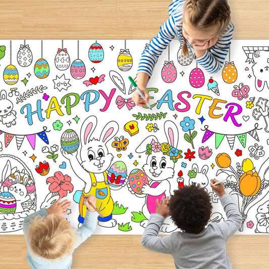 Happy Easter Coloring Tablecloth, Giant Easter Coloring Poster 30 x 72 Inches, Spring Bunny Egg Coloring Table Cover for DIY Painting, Drawing & Easter Party Decorations