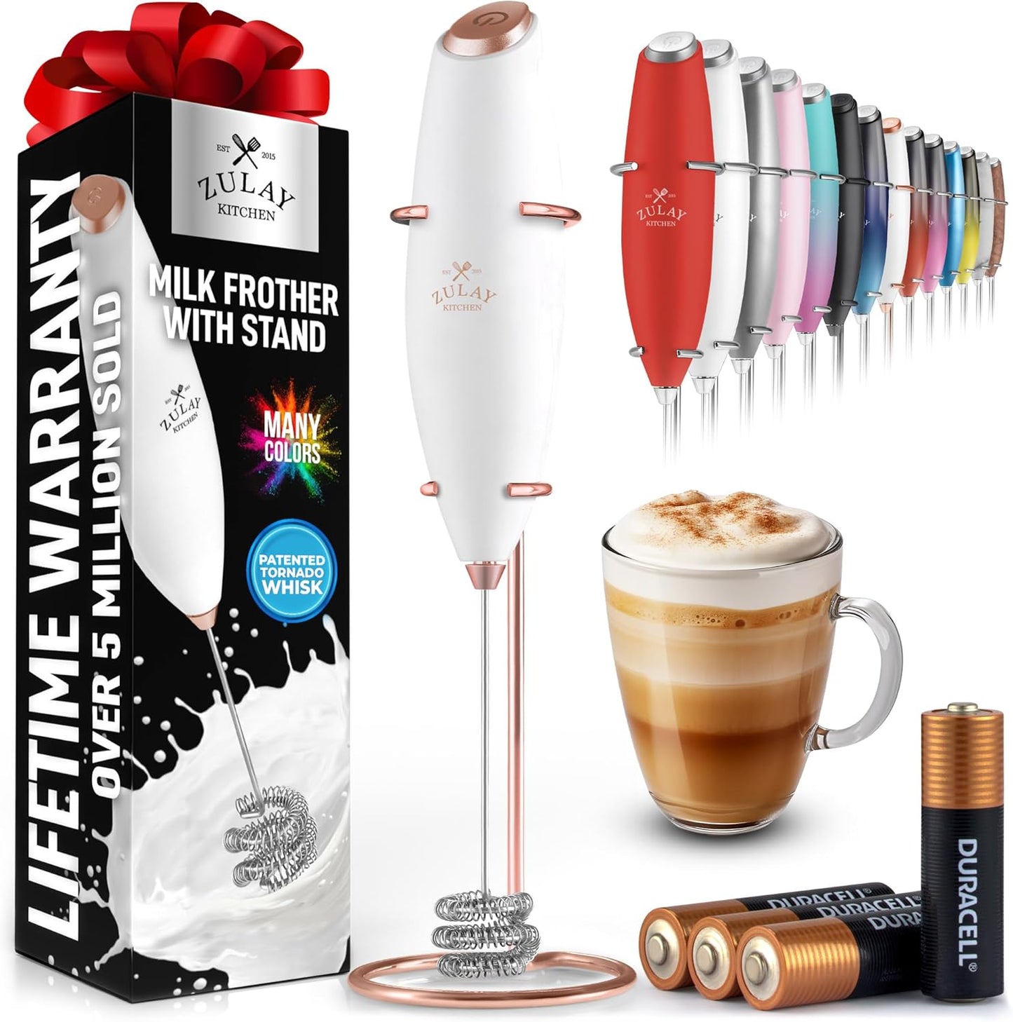 Zulay Kitchen Powerful Milk Frother Wand With Duracell Batteries - Ultra Fast Handheld Drink Mixer - Electric Whisk Foam Maker for Coffee, Lattes, Cappuccino & Matcha - Z1 Motor - Black - Colors B