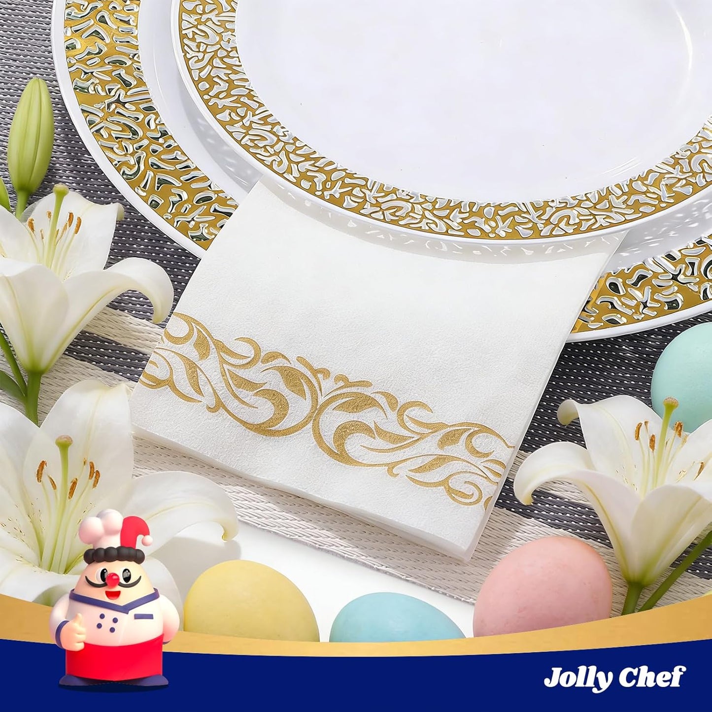 JOLLY CHEF 100 Disposable Hand Towels, Soft and Absorbent Linen Feel Dinner Napkin, Elegant Decorative Paper Guest Towels for Kitchen, Bathroom,Thanksgiving, Weddings,Parties, Gold and White