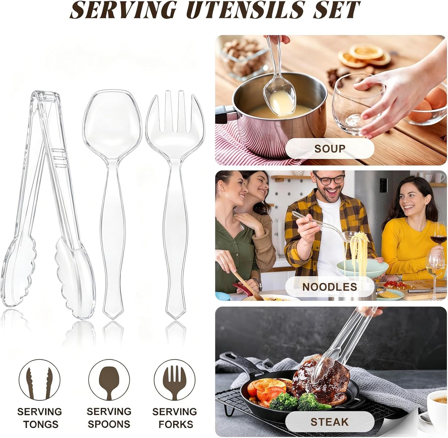 Mwellewm 18Pcs Serving Utensils, 10'' Plastic Serving Utensils Set, Disposable Serving Spoons for Buffet, Large Serving Tongs for Food, Heavy Duty Party Supplies for Salad Soup Cooking Catering(Black)