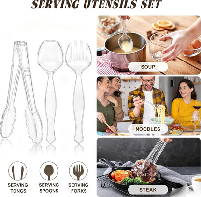 Mwellewm 18Pcs Serving Utensils, 10'' Plastic Serving Utensils Set, Disposable Serving Spoons for Buffet, Large Serving Tongs for Food, Heavy Duty Party Supplies for Salad Soup Cooking Catering(Black)