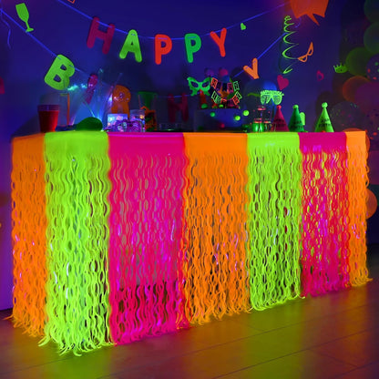 Mega-L Glow in The Dark Party Supplies, 2 Pack Neon Party Decorations Fluorescent Macaron Orange, Yellow and Fuchsia Wavy Metallic Tinsel Foil Fringe Table Skirts, Perfect Glow Birthday Party Decor