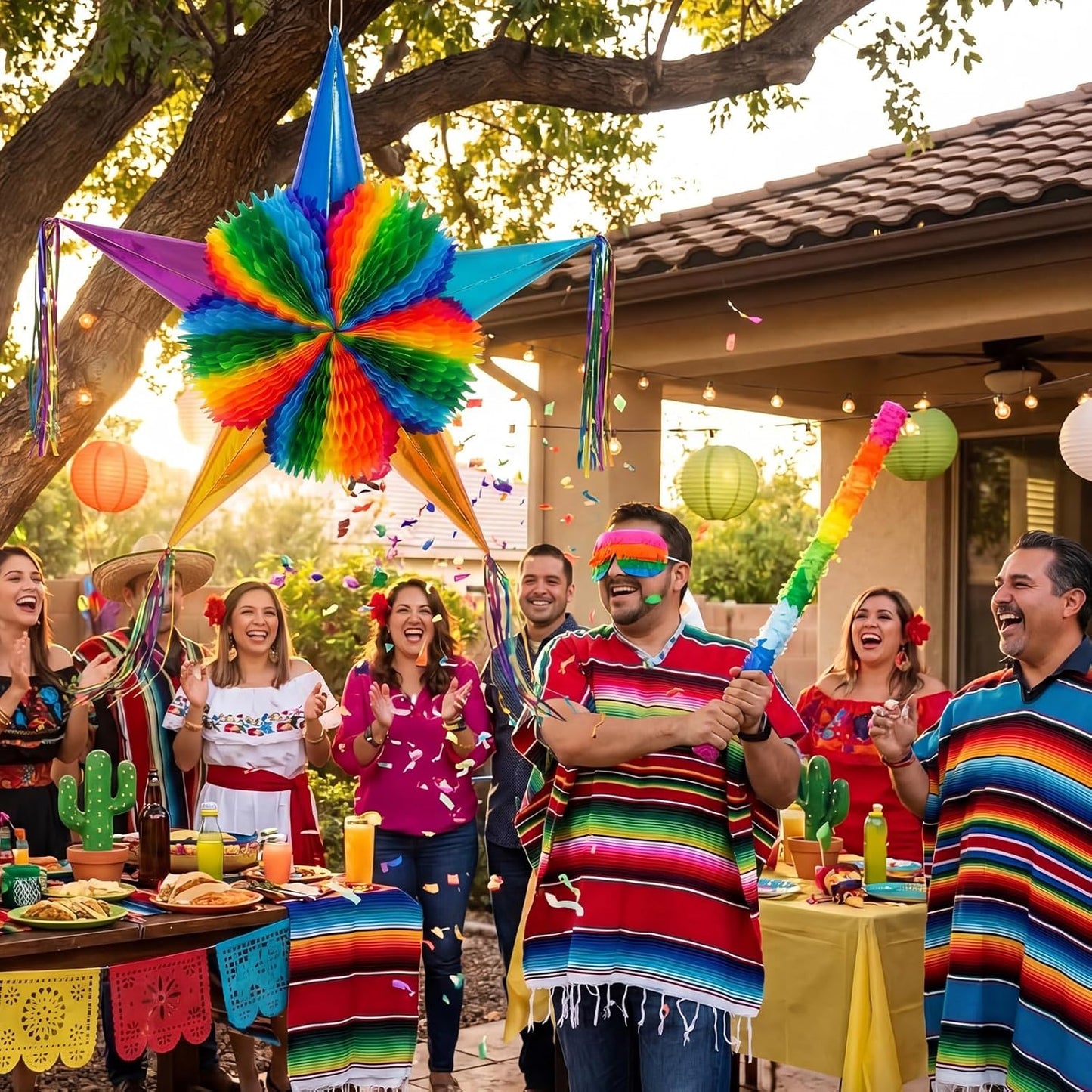 32 Inch Large Star Piñata Set with Stick Blindfold Confetti Foldable Mexican Fiesta Piñata Rainbow Honeycomb Decorations for Cinco De Mayo Birthday Party Carnival Taco Tuesday