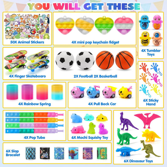 Totbit 102 Pcs Party Favors Toys for Kids 4-8 8-12 3-5, Treasure Chest Box Toys Classroom Carnival Prizes Small Bulk Pop Fidget Toys Pack Pinata Stuffers Birthday Gifts Goodie Goody Candy Bags Fillers