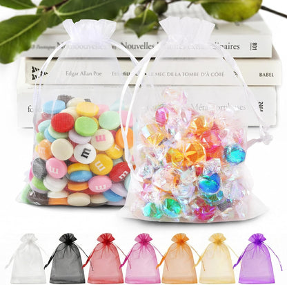 ANZNKU 50 Pack Organza Bags 5 x 7 in White Small Mesh Gift Bags Bulk Drawstring for Wedding Party Favors, Little Goodie Bag for Candy Jewelry Soap Makeup, Treat Sachet Pouch for Mothers Gifts Wrap