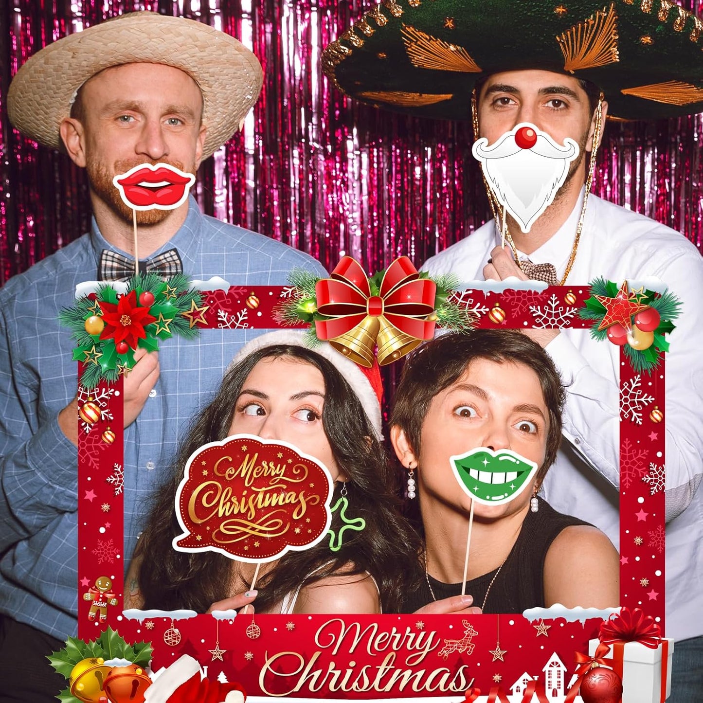 Christmas Photo Booth Props Kit, 24Pcs Fun Photo Props & Selfie Frame for Christmas Photos Decoration, Funny Santa & Gingerbread Photo Props for Xmas Holiday Party Decoration