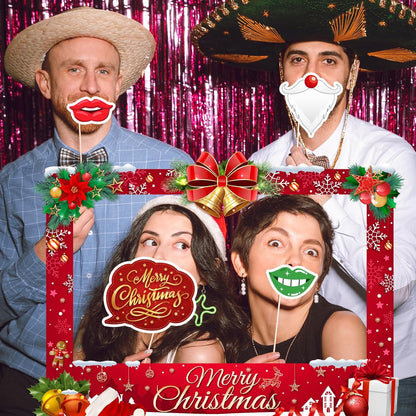 Christmas Photo Booth Props Kit, 24Pcs Fun Photo Props & Selfie Frame for Christmas Photos Decoration, Funny Santa & Gingerbread Photo Props for Xmas Holiday Party Decoration