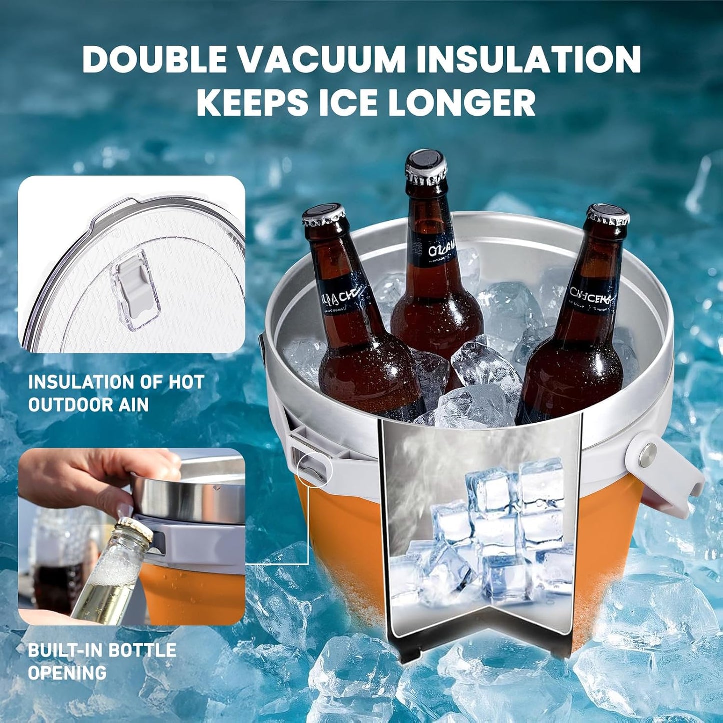 COKTIK 7L Insulated Ice Bucket with Lid，Double Wall Vacuum Stainless Steel Beverage Bucket Keeps Frozen Longer，Holds 6 Longnecks or 3 Bottles of Wine，for Cocktail, Champagne, Large Parties(Blue)