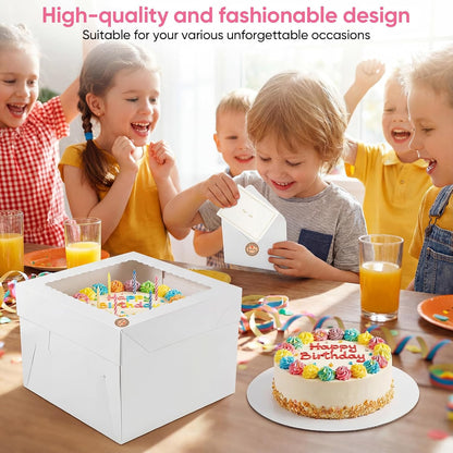 2 Pack 12 x 12 x 8 in Cake Boxes with Window & Cake Boards — Disposable Cake Carrier Boxes with Lid, Includes Stickers, Envelopes, Greeting Cards & Ribbon — Bakery Boxes for Cakes & Cupcakes