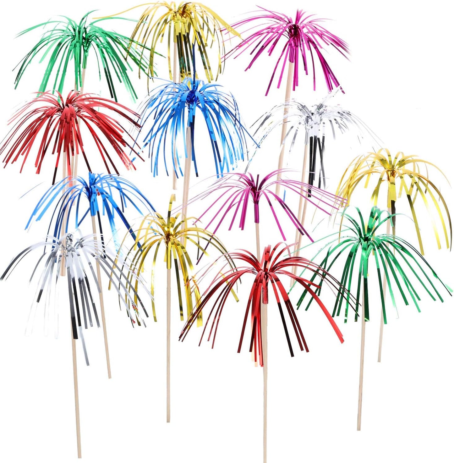Tecunite 100 Pcs Foil Firework Cupcake Toppers Sparkle Tinsel Cupcake Picks 9 Inch Happy Birthday Cake Toppers Drink Cocktail Picks Stirrers for Christmas Baby Shower Birthday Party Decors Supplies
