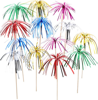 Tecunite 100 Pcs Foil Firework Cupcake Toppers Sparkle Tinsel Cupcake Picks 9 Inch Happy Birthday Cake Toppers Drink Cocktail Picks Stirrers for Christmas Baby Shower Birthday Party Decors Supplies