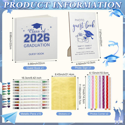 Pajean Graduation Guest Book Set Class of 2026 Memory Scrapbook with Photo Guest Book Sign Dual Tip Pens Photo Corner Stickers Grad Cap Stickers for Grad Party Decorations Supplies Gifts (Black)