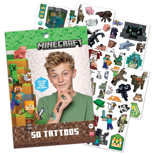 Minecraft Temporary Tattoos for Kids (50 pack). Made in the USA w Certified Safe Ink. Birthday Party Supplies and Party Favors Kit. Bulk Temporary Tattoos Stickers Set for Girls and Boys