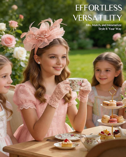 Girls Tea Party Fascinators Hats for Kids Fascinator Tea Party Hat Headband with Gloves Accessories for Girls
