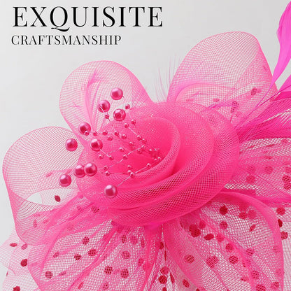 DRESHOW Fascinators Hat Flower Mesh Ribbons Feathers on a Headband and a Clip Tea Party Headwear for Girls and Women - Colors B