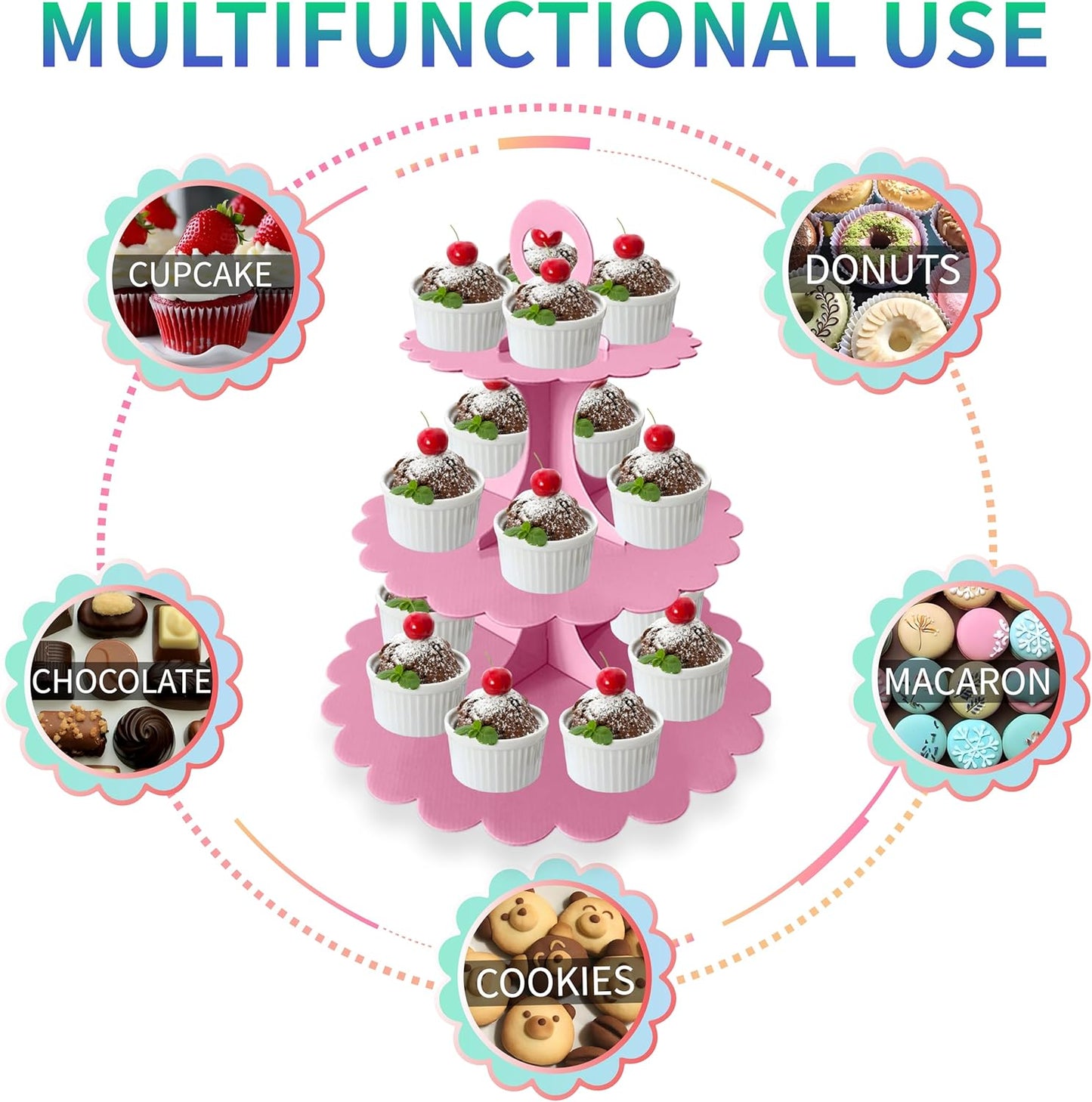 White Cupcake Stand Tower, 3-Tier Cardboard Dessert Display with Heart Handle,Perfect for Birthday Baby Shower Wedding Tea Party Graduation, Easy 60-Second Assembly, Holds 12+Cupcakes (1-Pack)