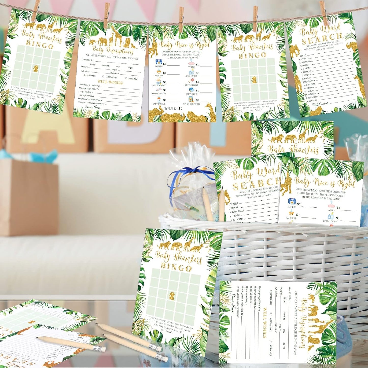 Yinder 145 Pcs Baby Shower Games Activities Cards with 20 Pencils Includes Baby Bingo Description and Wishes Guess Who Price is Right Word Scramble Game(Here Comes the Son)