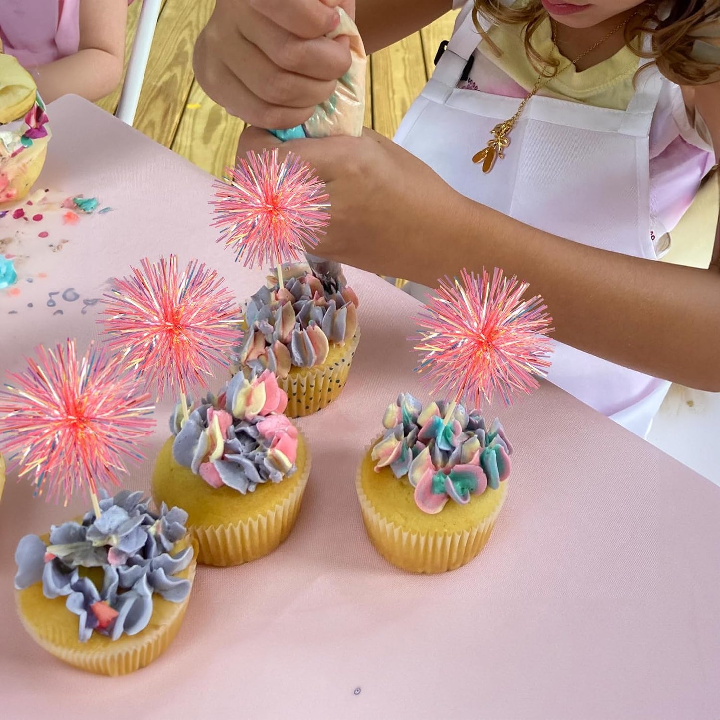 Ephlyn 30Pcs Foil Firework Cupcake Toppers Sparkle Tinsel Cupcake Picks Drink Stirrers Cocktail Food Fruit Toothpicks for Baby Shower Graduation Party Supplies White