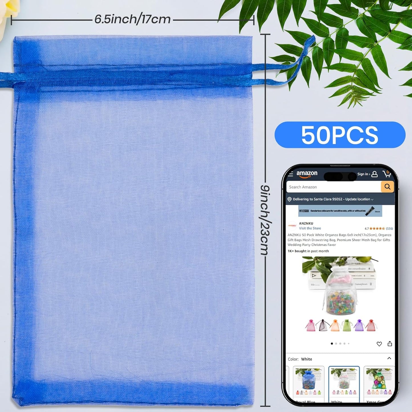 ANZNKU 50PCS Organza Bags 6x9 Large White Gift Bags for Candy Goodie Sachet Jewelry, Mesh Bag Drawstring Sheer Packaging Pouches for Wedding Favors Mother's Day Birthday Party Baby & Bridal Shower