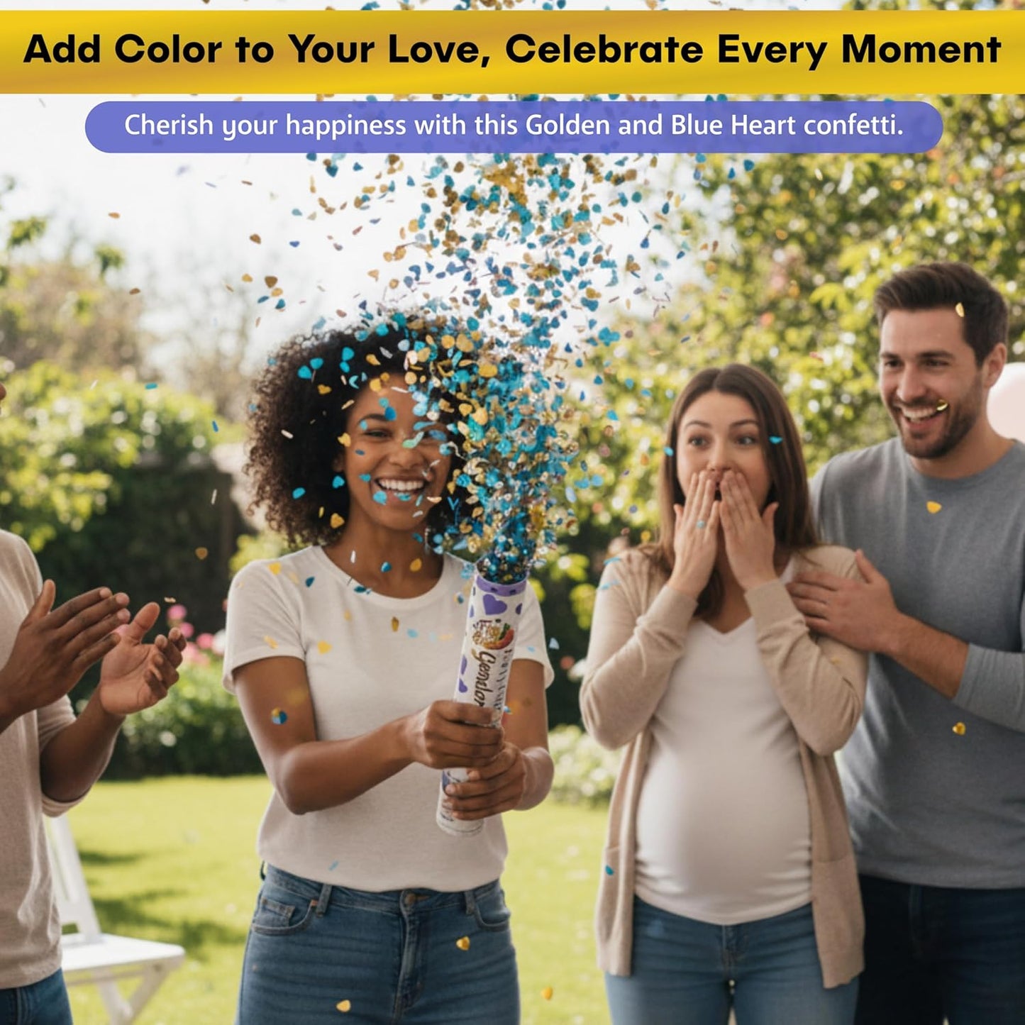 2 Pack Blue Heart-Shaped Confetti Poppers for Baby Gender Reveal | Blue Paper and gold mylar Baby Boy Party Supplies