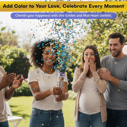 2 Pack Blue Heart-Shaped Confetti Poppers for Baby Gender Reveal | Blue Paper and gold mylar Baby Boy Party Supplies