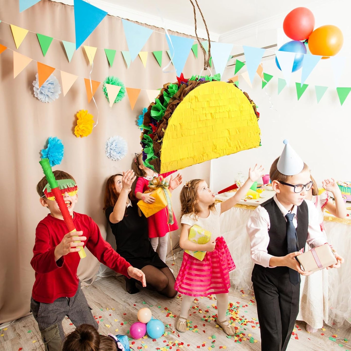 Hooqict Mexican Pinata with Blindfold and Bat Stick Party Pinata for Fiesta Carnival Cinco de Mayo Decorations Kids Adults Mexican Party Games Birthday Party Supplies