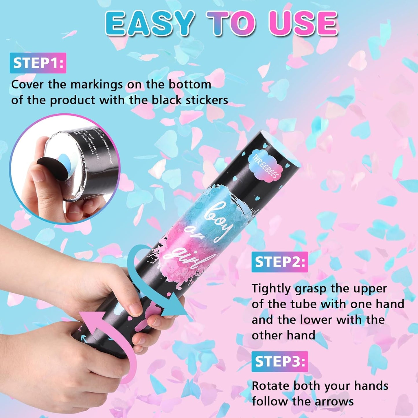 Gender Reveal Confetti Cannon, 4 Pack Biodegradable Confetti Paper with Cornstarch Powder, Confetti Blaster for Girl Gender Reveal, Party Poppers, Pink
