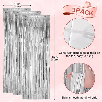 Voircoloria 3 Pack 3.3x8.2 Feet Gold Foil Fringe Backdrop Curtains, Tinsel Streamers, Fringe Backdrop for 2025 New Years Eve, Graduation, Birthday, Baby Shower, Gender Reveal, Disco Party - Colors A