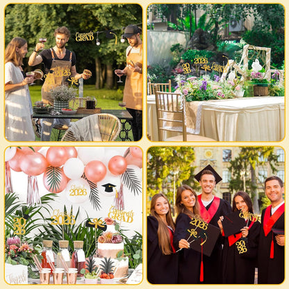 Graduation Decorations 2026, 20 PCS Sparkling Black Double-Sided Centerpiece Sticks for Tables, Class of 2026 Table Toppers and Party Supplies