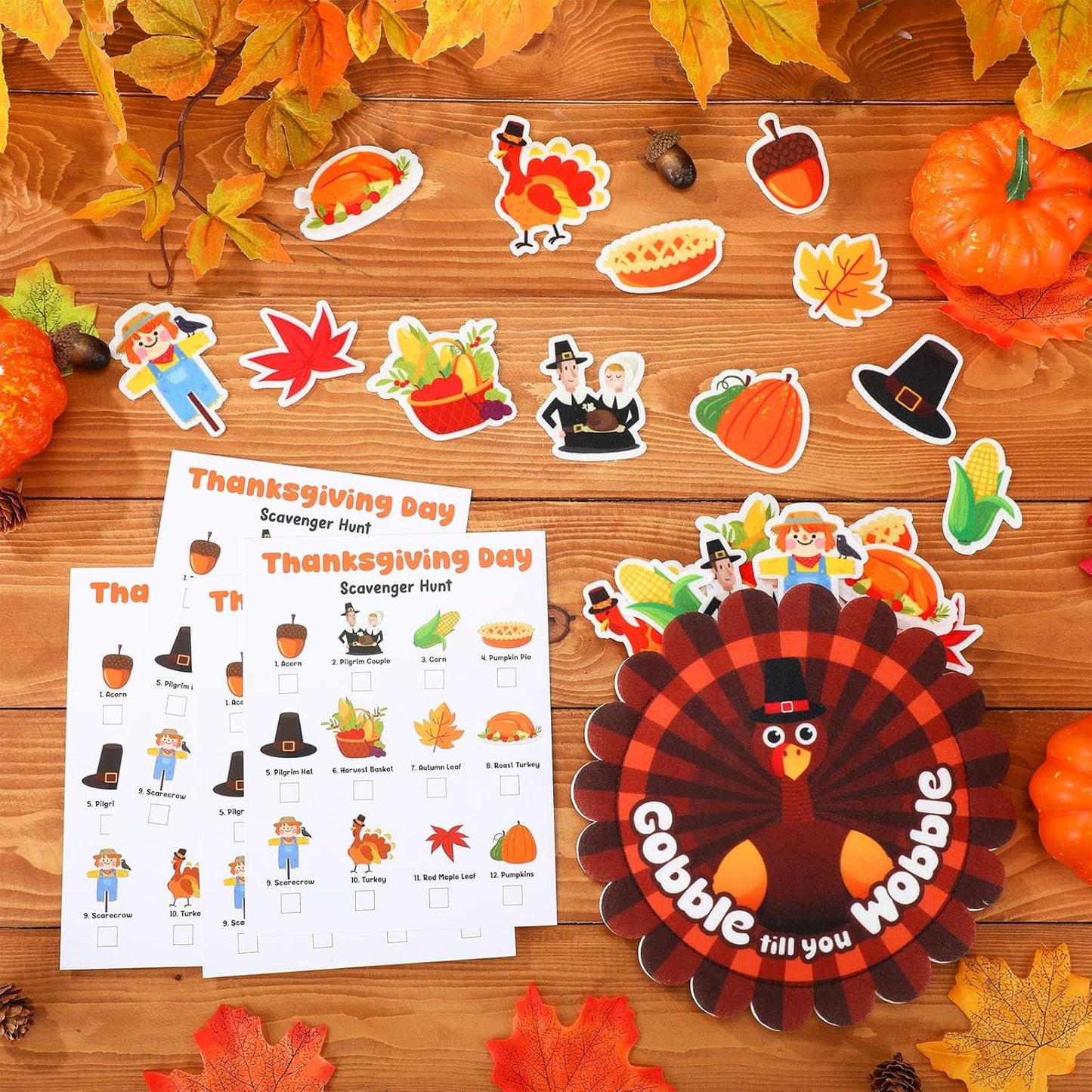 Thanksgiving Games Essentials Scavenger Hunt Game Party Favors Supplies Including Felt Turkey Bag 15 Scavenger Hunt Cards 60 Felt Fall Element Pieces for Thanksgiving Fall Party Decoration
