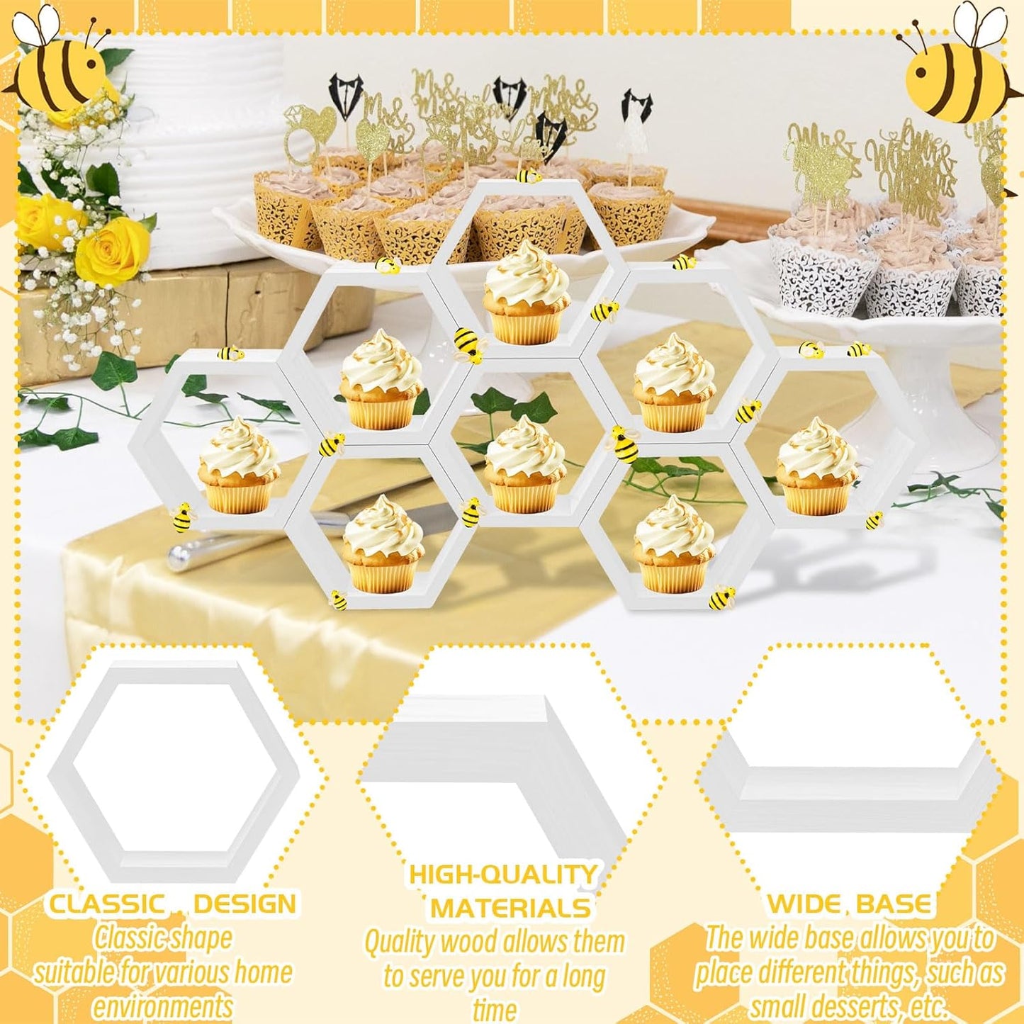 8 Pcs 4.13 Inch Honeycomb Cupcake Stand Cake Farmhouse Hexagon Display Holder Hexagonal Wood Cupcake Stand Floating Table Sign with Wooden Bee for Wedding Baby Shower Birthday Party Table Decorations
