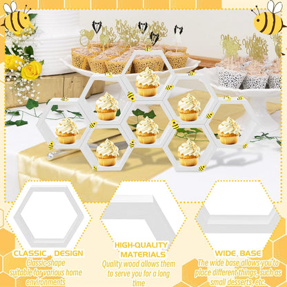 8 Pcs 4.13 Inch Honeycomb Cupcake Stand Cake Farmhouse Hexagon Display Holder Hexagonal Wood Cupcake Stand Floating Table Sign with Wooden Bee for Wedding Baby Shower Birthday Party Table Decorations