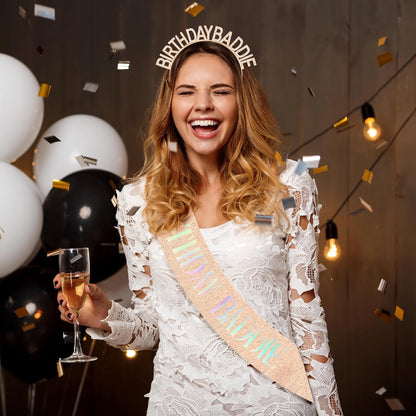 Aprince Birthday Baddie Sash and Tiara Crown for Women Girls Black Gold Happy Birthday Headband Accessiores Party Decorations