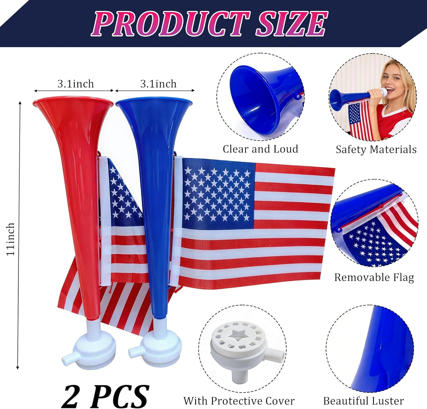 2Pcs Stadium Horns - Loud Sturdy Plastic Trumpets for Sports Events, Parties and Celebrations | Vuvuzela-Style Noise Makers for Crowd Cheering, Graduation, Parades, Birthday Parties
