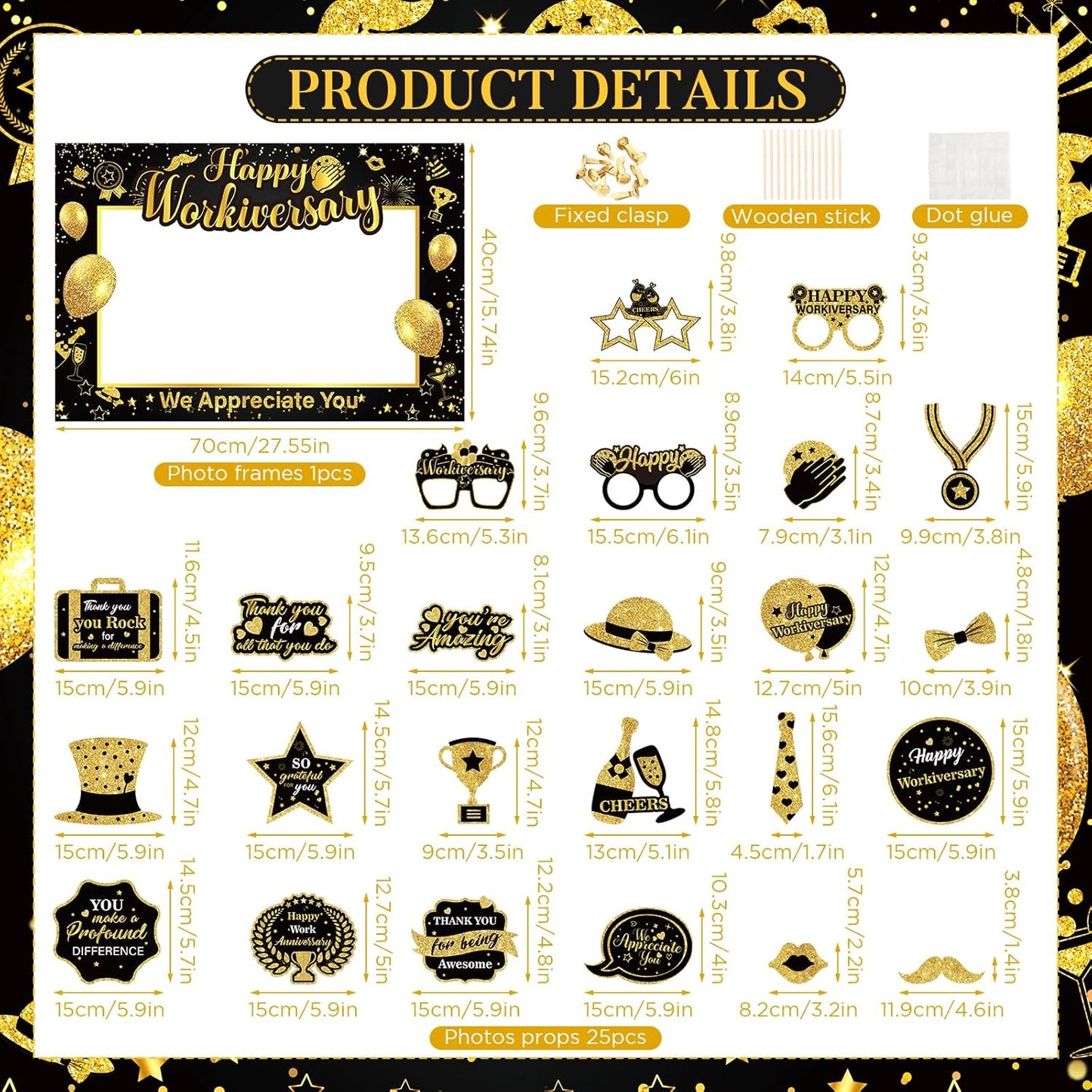 We Appreciate You Thank You Decorations Happy Work Anniversary Decorations Black Gold Selfie Photo Frame & 25pcs Photo Booth Props for Employee Staff Teacher Doctor Graduation Party Decor Supplies