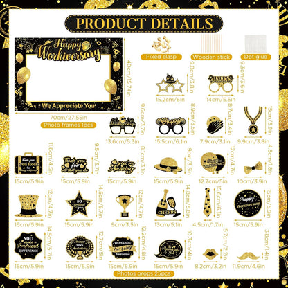 We Appreciate You Thank You Decorations Happy Work Anniversary Decorations Black Gold Selfie Photo Frame & 25pcs Photo Booth Props for Employee Staff Teacher Doctor Graduation Party Decor Supplies