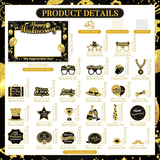 We Appreciate You Thank You Decorations Happy Work Anniversary Decorations Black Gold Selfie Photo Frame & 25pcs Photo Booth Props for Employee Staff Teacher Doctor Graduation Party Decor Supplies