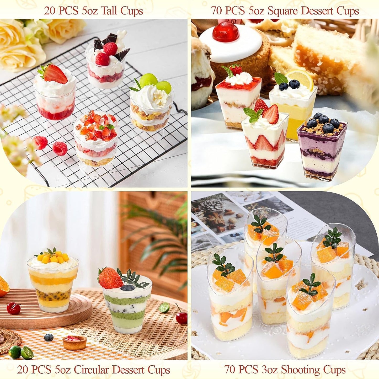 320-Pack Dessert Cups with Spoons 5 oz Mini Plastic Dessert Cups for Party Yogurt Parfait Jello Fruit Appetizer Cocktail Small Clear Reusable Square and Round Goblet-Shaped Dessert Bowls Shot Glasses