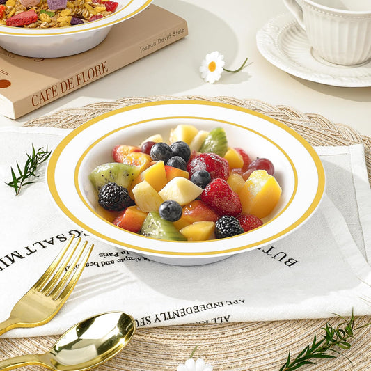 BESTVIP 100 Pack Plastic Bowls with Gold Rim, 12 oz Disposable Soup Bowls, Heavy-duty Dessert Salad Bowl for Party, Wedding, Christmas, Dinner, Catering