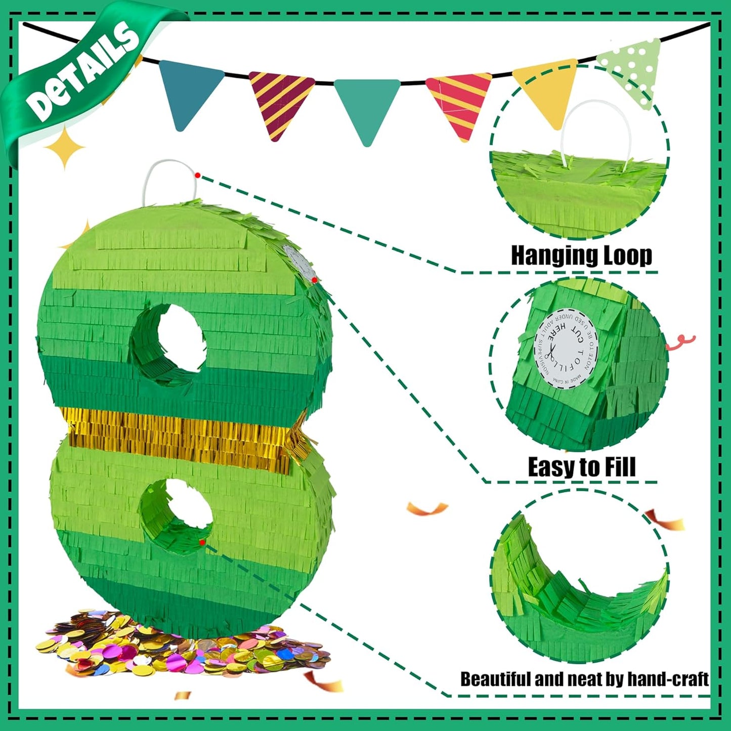 PCFING 20 Inch Number 1 Piñata Green Gold with 30 Inch Piñata Stick Blindfold Confetti for Boy Girl Adults Birthday Party Decorations, Anniversary Celebration, Fiesta