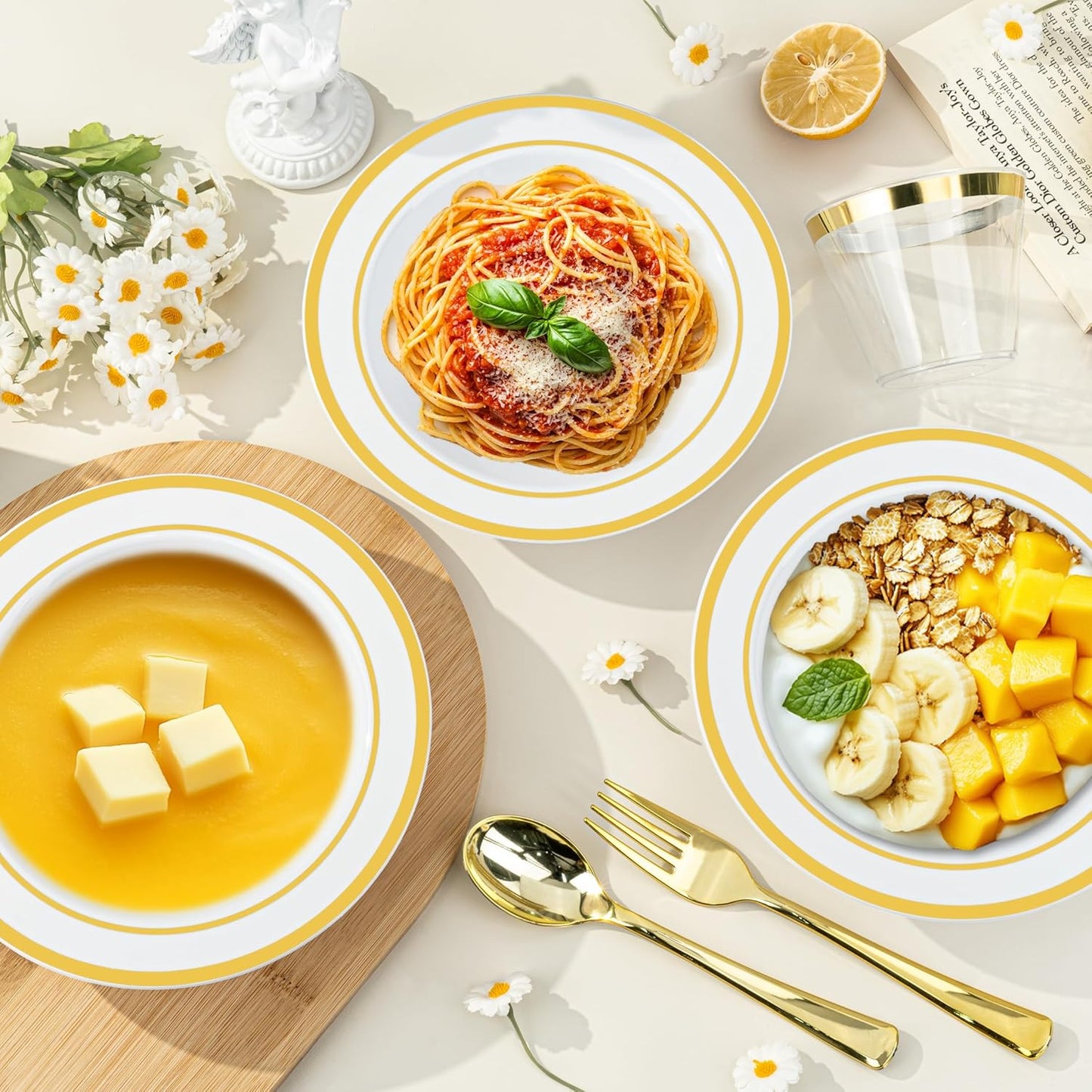 BESTVIP 100 Pack Plastic Bowls with Gold Rim, 12 oz Disposable Soup Bowls, Heavy-duty Dessert Salad Bowl for Party, Wedding, Christmas, Dinner, Catering