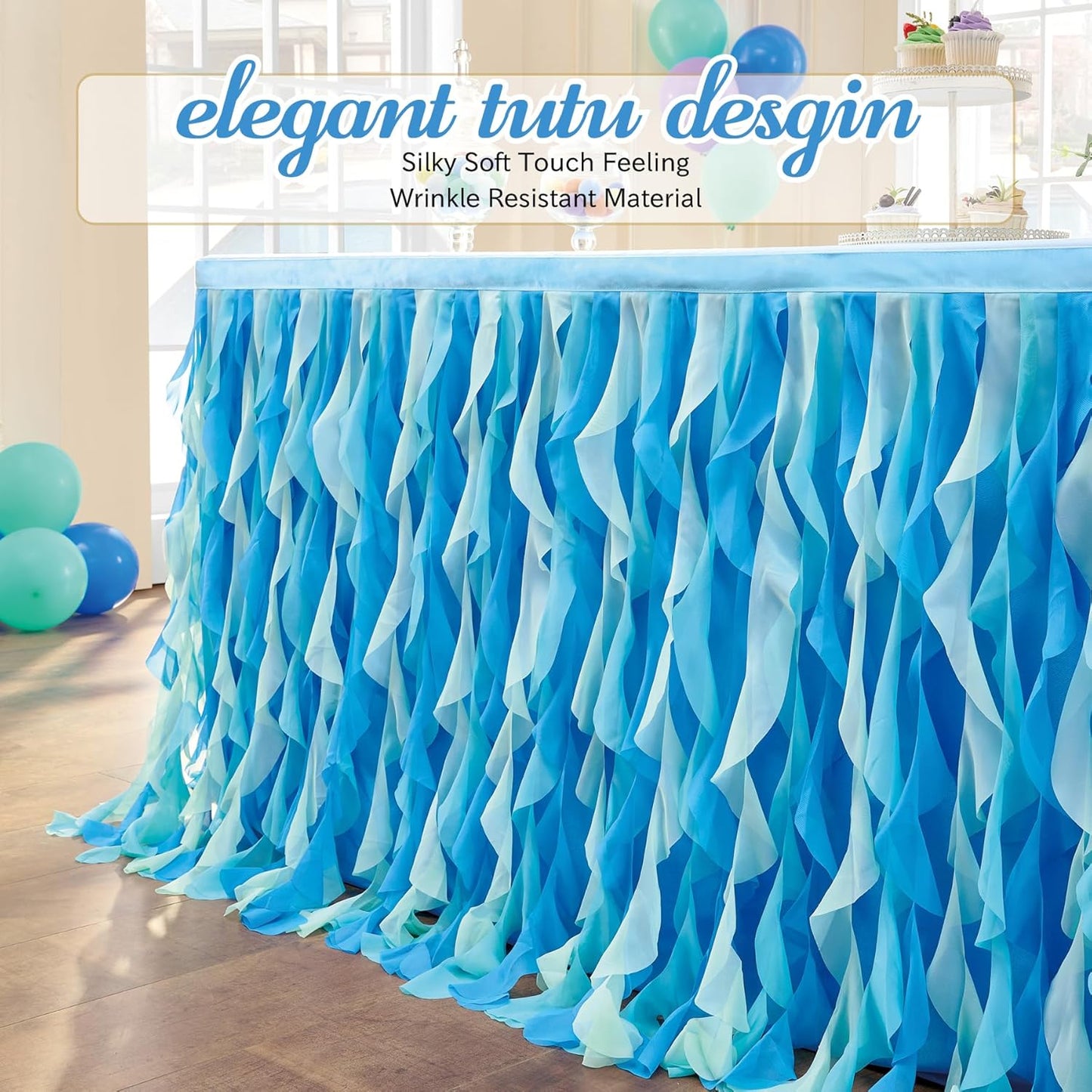 leegleri 6FT Tulle Ruffle Curly Willow Table Skirt for Rectangle or Round Tables, Under The Sea Ocean Blue Baby Shark Themed Tutu Table Skirt for Baby Shower, Birthday Party