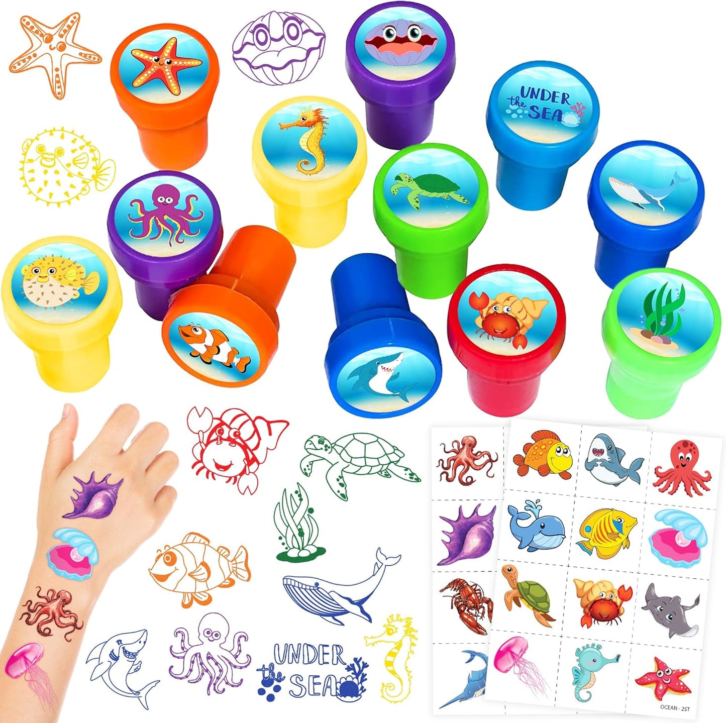 36PCS Ocean Party Favors - 24PCS Pre-Cut Temporary Tattoos & 12PCS Stamps - Ideal Sea Creature Under the Sea Themed Birthday Card Decoration Supplies Goodie Bag Kids Gifts Classroom Rewards Prizes