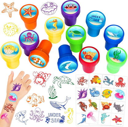 36PCS Ocean Party Favors - 24PCS Pre-Cut Temporary Tattoos & 12PCS Stamps - Ideal Sea Creature Under the Sea Themed Birthday Card Decoration Supplies Goodie Bag Kids Gifts Classroom Rewards Prizes