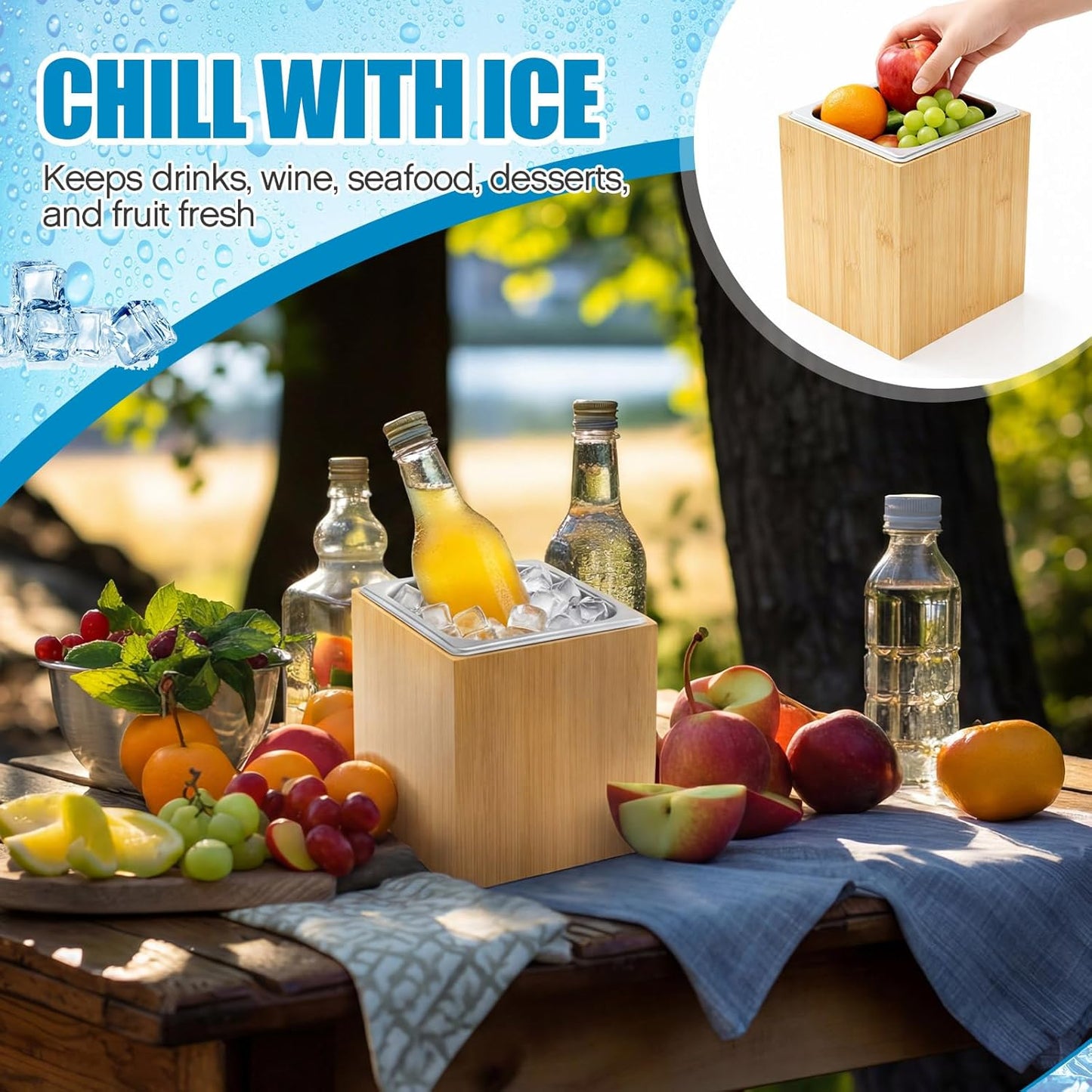 Ice Housing Bin with Removable Tray Ice Holder Container Wine Beer Champagne Drink Bucket Beverage Tub for Freezer Display Buffet Bar Counter Party Drink Chiller(Bamboo and Steel,21" X 13" X 5.5")