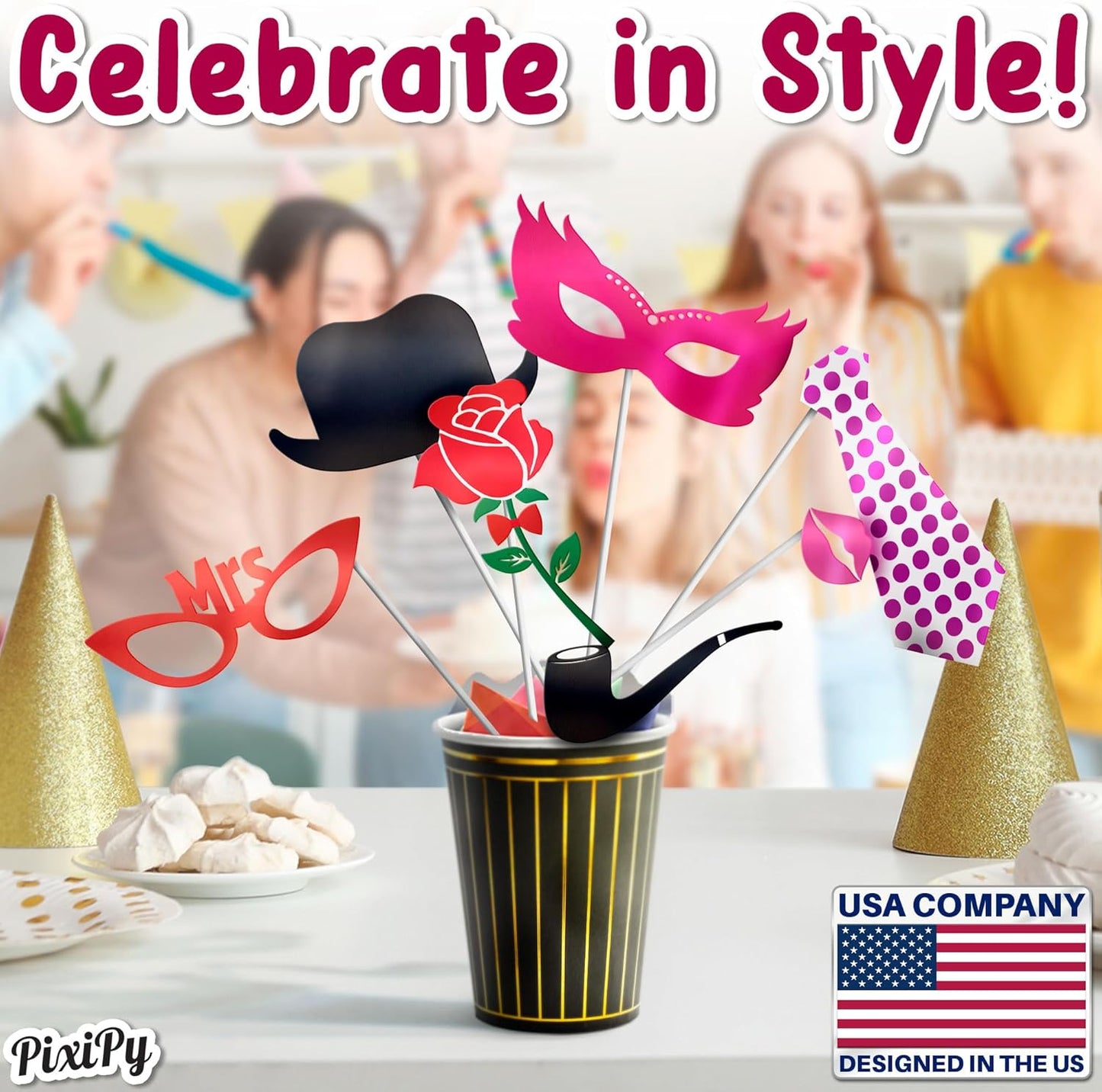 Premium Birthday Photo Booth Props Kit, 16 Black & Gold (No Glitter), Durable & Easy-to-Use Photobooth Props Signs for Memorable Photos & Unforgettable Celebrations by PixiPy