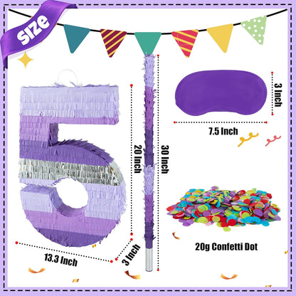 PCFING 20 Inch Number 1 Piñata Purple Silver with 30 Inch Piñata Stick Blindfold Confetti for Boy Girl Kids Birthday Party Decorations, Anniversary Celebration, Fiesta