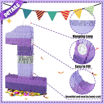 PCFING 20 Inch Number 1 Piñata Purple Silver with 30 Inch Piñata Stick Blindfold Confetti for Boy Girl Kids Birthday Party Decorations, Anniversary Celebration, Fiesta