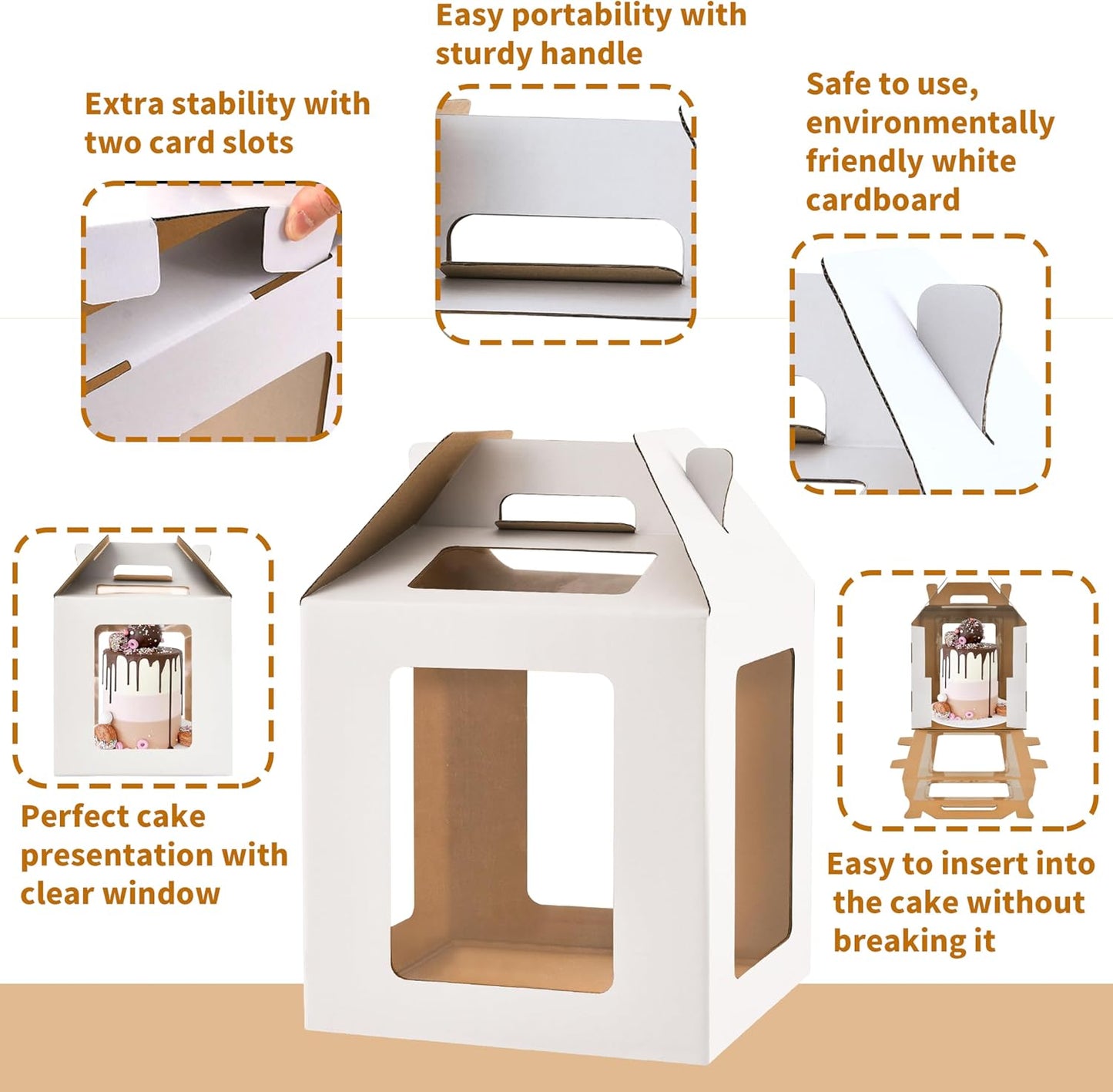 Cake Box with Windows and Handle, 10x10x10 inches, Tall Cake Carrier for Tiered Cakes, White